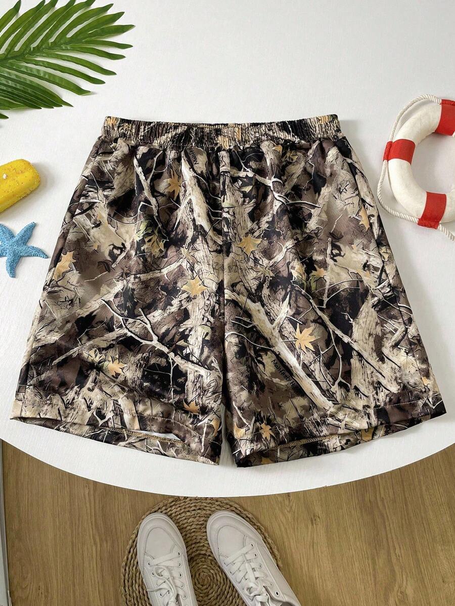 SHEIN Tween Boy Casual & Loose Leaf & Branch Print Swim Trunks With Fitted Lining - Multicolor - View 1