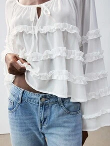 Maija Casual Elegant V-Neck Loose Ruffle Flare Sleeve White Blouse, Suitable For Spring, Summer Vacation, Music Festival, Party, Vacation - White - View 5