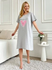 EURMUSE Chemise de nuit 100% coton avec slogan graphique et imprimé cœur - Gris pâle - Voir 5