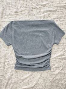 Attitoon 女士休闲腰部褶皱露肩修身短袖 T 恤，适合夏季，34% 棉，复古，复古汽车印花 - 淺灰色 - 查看 2