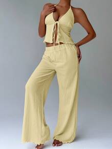FavEase Textured Fabric Draped Neck Loose Wide Leg Pants Set - Yellow - View 6