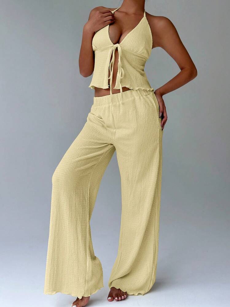 FavEase Conjunto de pantalones anchos de pierna ancha con cuello drapeado de tela texturizada - Amarillo - Añade 6