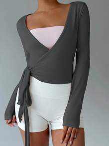 FavEase 粉色瑜伽健身运动高弹柔软裹身 V 领系腰长袖短款紧身 T 恤，时尚简约休闲优雅百搭女士春秋季必备衣橱 - 深灰色 - 查看 5