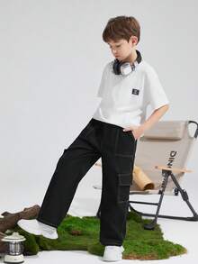 SHEIN Tween Boy Loose Casual Contrast Stitching Work Pants - Black - View 5