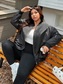 SHEIN EZwear Plus Size Women Casual Solid Color Jacket For Autumn/Winter,Fall,Back To School,Warm,Zip Up - Black - View 7