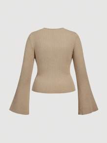 SHEIN MOD Plus Size Casual Versatile Khaki Flared Sleeve Sweater. Ribbed Knit Top.Autumn/Fall  Knit Top. - Khaki - View 2