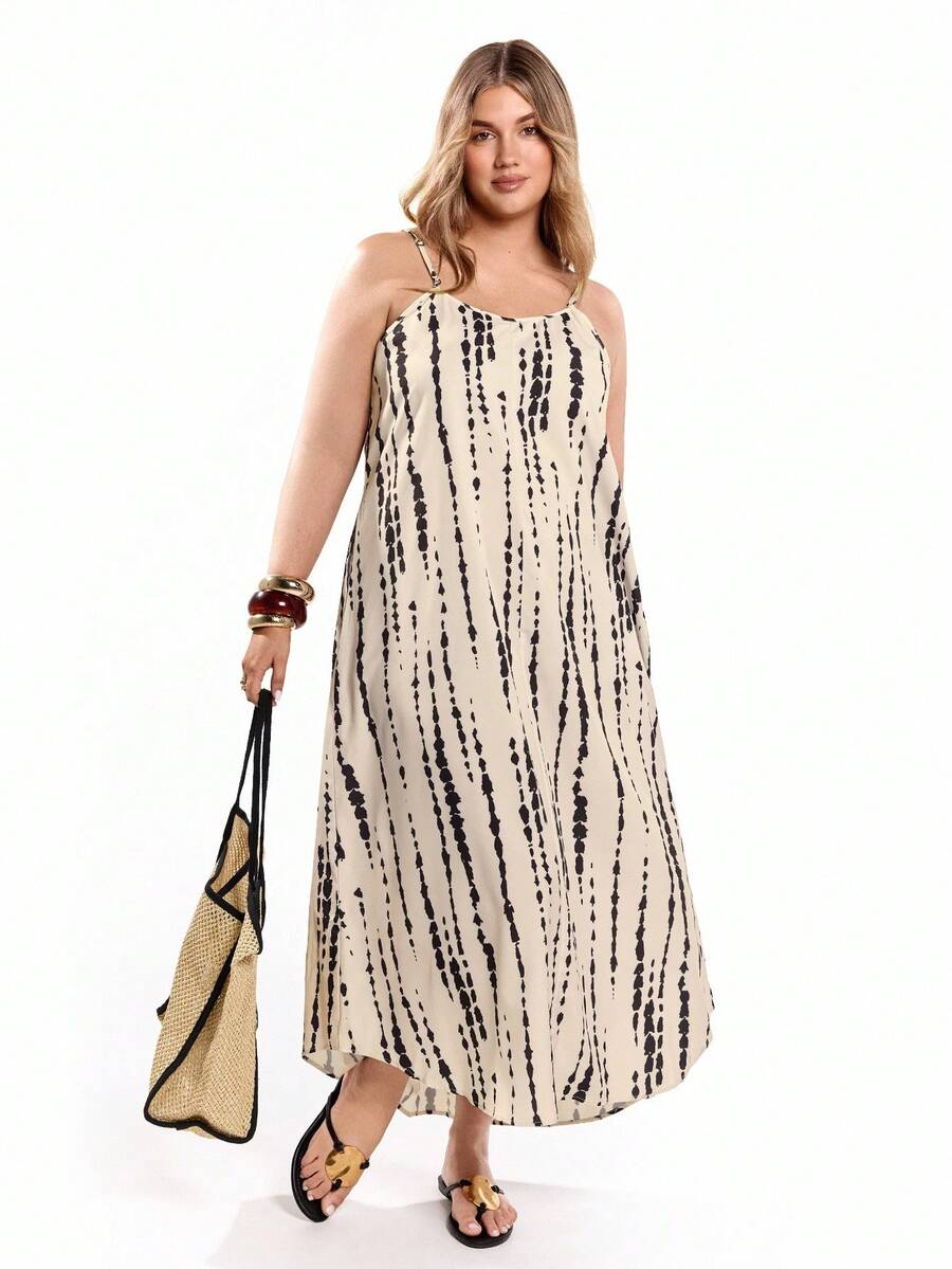 Solavibe Vestido casual de verano sin mangas con estampado de árbol para tallas grandes - Multicolor - Ver 1