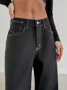EURMUSE Women's Fashionable Casual Leopard Print Patchwork Loose Wide-Leg Jeans - Black - View 5