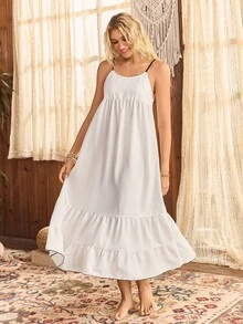 Lullawish Chemise de nuit bohème décontractée pour femmes avec volants et bretelles contrastées confortables - Blanc - Voir 5