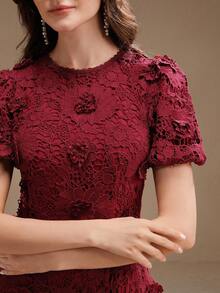 Anewsta 女式夏季新款碎花蕾丝连衣裙，优雅派对时尚 - 酒紅色 - 查看 1