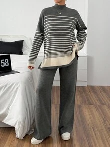 EURMUSE Contrast Hem Grey-Striped Funnel Neck Knitwear Set With Side Slits Comfortable Loungewear Set Two Piece Set Women Womens Two Piece Set Striped Two Piece Set Comfy Two Piece Set,Winter Clothes