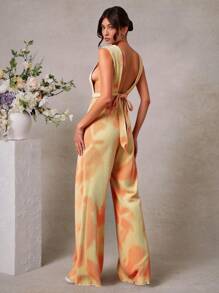 L'Amorae 优雅褶皱印花深V阔腿连体裤，女士婚礼服装，女士夏季服装 - 橘色 - 查看 2