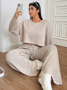 CovetEZ 大码女式条纹圆领长袖T恤和阔腿宽松休闲两件套，初秋，秋季女士休闲两件套两件套休闲套装 - 彩色 - 查看 4