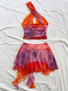 Soleia Bộ 2 món áo crop top không tay họa tiết hoa đi biển và chân váy mini cho nữ, trang phục đi nghỉ thời trang - Nhiều màu - Xem 2