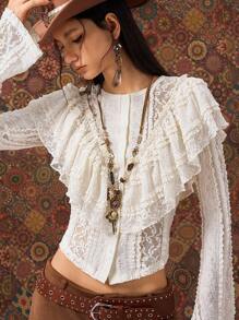 SHEIN x Rafa Kalimann Easelle 复古游牧民族荷叶边喇叭袖圆领女式衬衫 - 杏色 - 查看 7