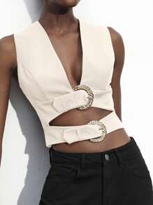 Maija Top elegant pentru femei, de toamnă, bej, cu decolteu în V adânc, cu cataramă dublă, cu structură goală, scurt, îmbrăcăminte urbană casual de afaceri, cu bretele spaghete