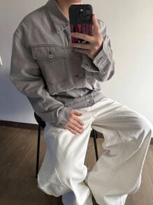 Claim Dot 男士宽松简约设计纯色水洗牛仔夹克，秋季 - 灰色 - 查看 5