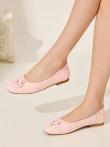 CUCCOO CHICEST Women's Floral Embellished Square Toe Ballet Flats, Elegant Sweet Commuting Romantic Comfortable Classic Light Pink Faux Leather Slip-On Shoes For Afternoon Tea, Date, Party, Office, School, Vacation, Versatile - Baby Pink - View 9