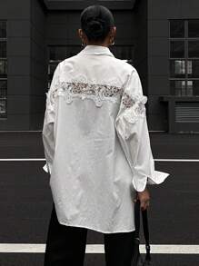 DAZY Blusa elegante de manga larga con botones frontales y bordado floral para mujeres - Blanco - Ver 2