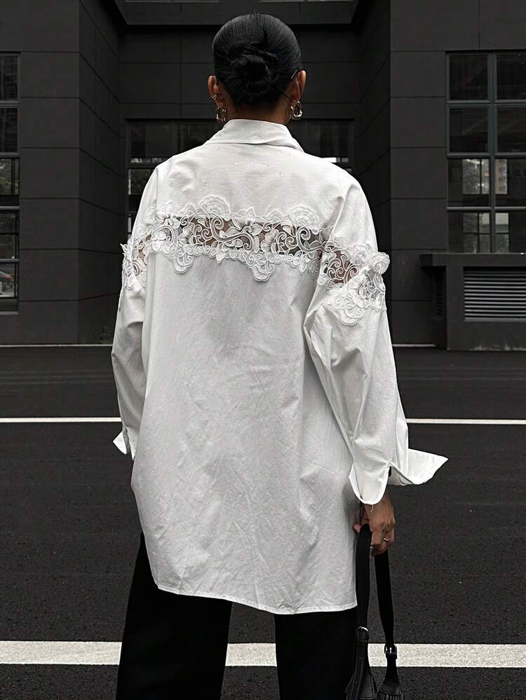 Women's Floral Embroidered Front Button Long Sleeve Elegant Blouse