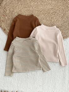 SHEIN LMoss Kids LMoss Baby Girl 3pcs Baby Girl Knitted Striped Collar Casual T-Shirt Set Baby Girl Long Sleeve Shirt Baby Girl Knit Top Baby Girl Long Sleeve Top Baby Girl Striped Shirt Baby Girl Casual Top Fall Winter