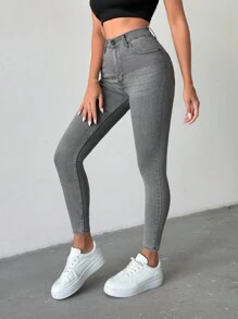 EURMUSE 97% Cotton Women Fashion Simple Design Summer Solid Skinny Jeans - Medium Wash - View 6