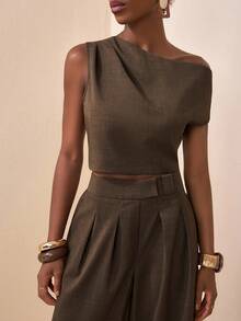 Zivah 2025 Summer New Music Festival Easter Mother's Day Wedding Season Attend Wedding Attend Birthday Daily Casual Vacation Cruise Travel Beach Sunbathing Viral Fashionable Street Style Elegant Commute Business Sleeveless Top And Wide Leg Straight Pants Women 2 Pieces Set - Brown