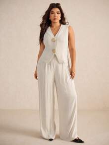 Elaquor Große Größen Lässig Ärmellose Bluse und Weite Hose 2 Stücke Set