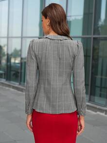 SHEIN Clasi Damen Rüschenkragen Kontrast Farbige Puffärmel Figurbetonte Karomuster Bluse, geeignet für den täglichen Gebrauch, den Arbeitsweg, modischen Street-Style im Herbst und Winter - Grau - Übersicht 2