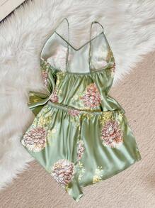 SHEIN 2pc Sexy V-Neck Camisole And Shorts Set, Elegant Floral Print Satin Plus Size Pajamas Satin Pajama Set Satin Sleepwear Set Pajama Sets For Women Satin Silk Sleepwear Floral Satin Pajama Set Women Satin Pajamas Floral Satin Pajamas - Green - View 2
