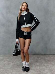 SHEIN Unity The Sleek Black Zip Jacket And Lace-Up Shorts Are 2YK Goals. A Bold Pairing For Punk-Inspired, Back To School Confidence. - Black and White - View 3