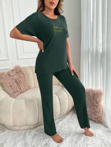 EURMUSE Women 2pcs Rib Knit With Lettered Short Sleeve Shirt&Pants Homewear Set - Green - View 4