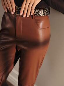 MOTF PREMIUM PU LEATHER SOLID SLANT POCKET TAPERED SUIT PANTS - Khaki - View 7