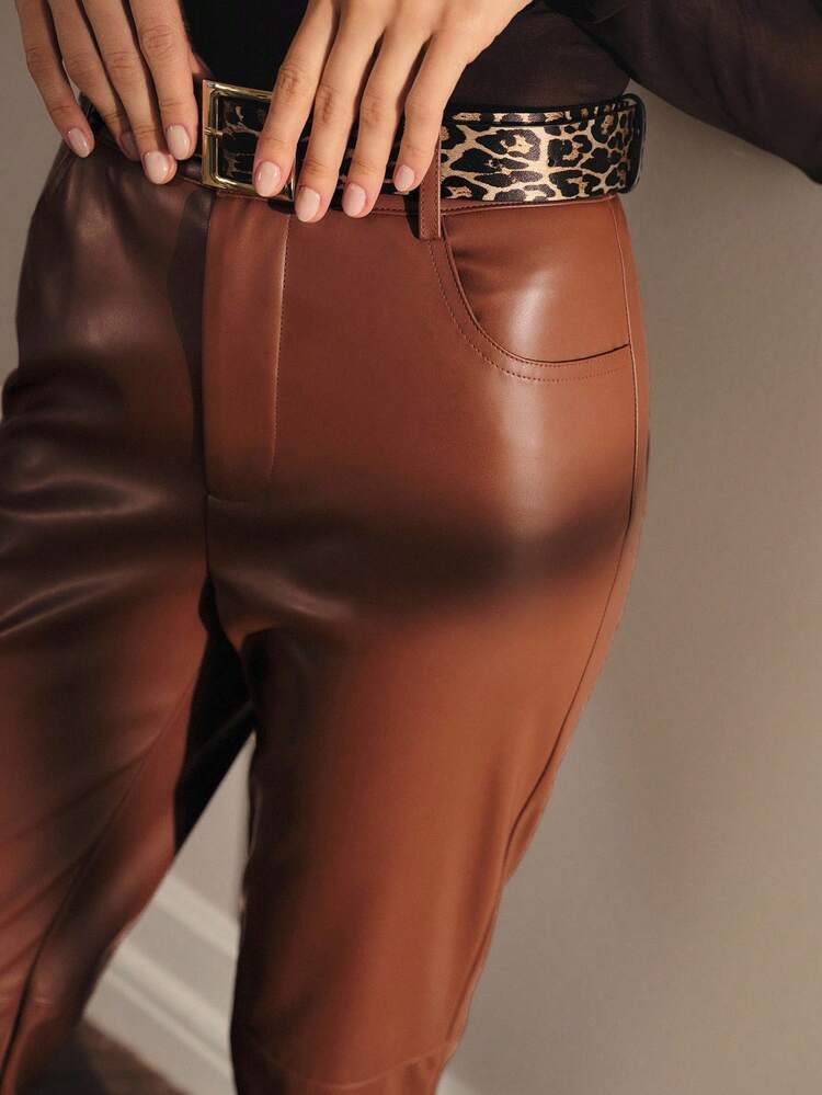 PU LEATHER SOLID SLANT POCKET TAPERED SUIT PANTS