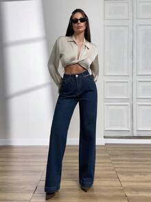 EURMUSE 高腰直筒牛仔裤 风格 休闲 - 中等水洗藍 - 查看 4