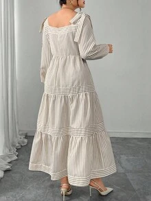 Modelyn Plus Size Women Elegant Waist Cinched Striped Long Sleeve Dress Fall Cloth For Women - Khaki - View 2