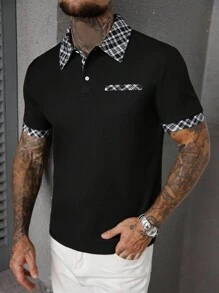 Manfinity CasualCool 男士休闲格子拼布 Polo 衫，时尚男士黑色短袖 Polo 衫，纽扣前襟，常规版型运动外观，经典黑色涤纶 Polo 衫，格子领和短袖，男士黑色 Polo 衫，格子领细节，常规版型短袖运动格子点缀黑色 Polo 衫，老钱风格 - 黑色 - 查看 1