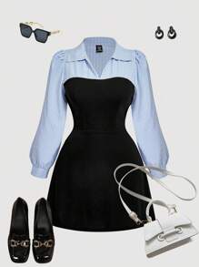 SHEIN MOD Plus Size Elegant Commuter Dress With Blue-White Stripe And Black Color Block, Faux-2 Pieces Appearance. Collared Dress. Long Sleeve Dress. Blue Striped Dress,Wimbledon Style,Wimbledon Outfit ,Fall Clothes For Women