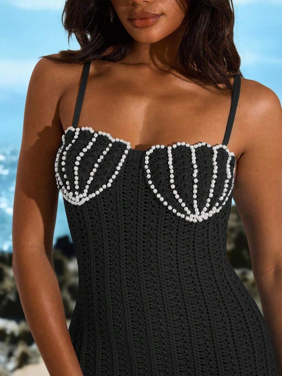 Opulessa Đầm len bó sát hở lưng Shell & Pearl Decor dành cho nữ, thích hợp cho kỳ nghỉ, đồ bơi móc cho nữ, đồ bơi đan, đi chơi, trang phục cưới, phong cách công sở thường ngày cho nữ, trang phục dự tiệc, đi câu lạc bộ, đồ bơi đính hạt, váy đồng quê mùa thu/đông - màu đen - Xem 1