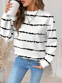 SHEIN LUNE Casual Minimalist Black & White Striped Print Pattern Round Neck Loose Fit Women Sweatshirt Autumn And Winter - Multicolor - View 4