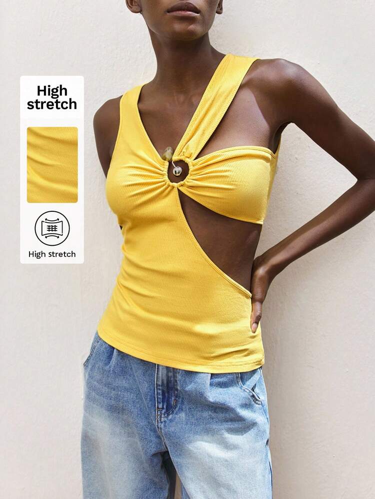 SHEIN Maija レディース 夏 メタリック装飾 ホロー スリムフィット タンクトップ