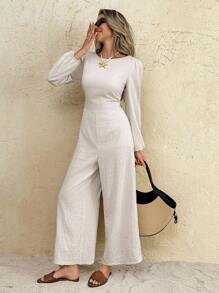 SHEIN Frenchy Women's Elegant Beige Long Sleeve Jumpsuit,Backless Lace-Up Bow Tie-Waist,Casual Autumn Vacation Holiday Outfits,Business Office Commute Minimalist - Apricot - View 11