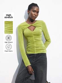 Maija 女士镂空扭纹荷叶边长袖纯色优雅修身 T 恤，秋冬季日常汗衫