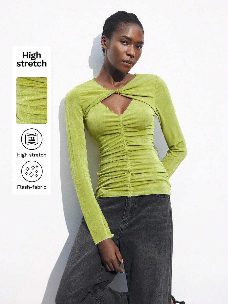 Maija 女士镂空扭纹荷叶边长袖纯色优雅修身 T 恤，秋冬季日常汗衫