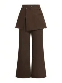 SHEIN x PRISCILA & JIMENA DAZY Conjunto de 2 piezas de falda y pantalones de unicolor con diseño de capa en la cintura, marrón moca, casual de negocios para todas las estaciones, otoño