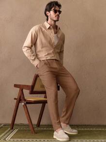 Mainfolk Men's Casual Woven Tapered Suit Pants Brown Dress Pants Pleated Pants High Waisted Pants Manfinity Pants Designer Pants, Old Money - Khaki - View 3