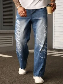 Manfinity Homme Quần jean ống rộng thêu màu xanh dương dáng rộng thoải mái cho nam cỡ lớn - Rửa trung bình - Xem 4