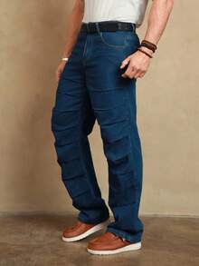 Manfinity Homme Men's Casual Washed Pleated Straight-Leg Jeans - Blue - View 1