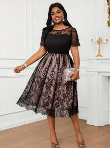 Fleurora Đầm ren chắp vá cổ tròn tay ngắn thanh lịch cỡ lớn, phù hợp cho trang phục du ngoạn mùa hè dành cho nữ, đầm trang trọng dành cho nữ - Bụi hồng - Xem 7