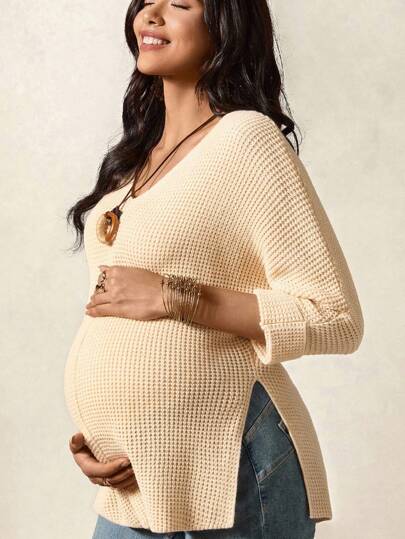 Boho Mama Chaleco de punto de unicolor versátil y casual con abertura lateral para maternidad, ropa de mujer estilo western, ropa de mujer bohemia, ropa bohemia chic